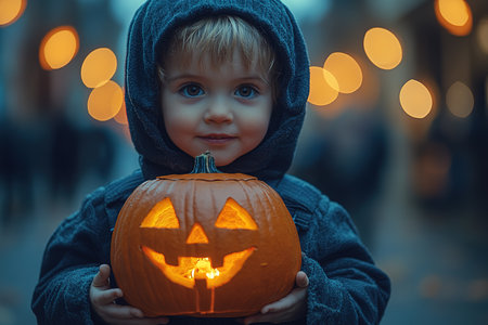 Kids trick or treat in Halloween costume. Happy Halloween. three running kids with a basket for sweets.の素材