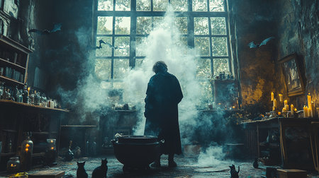 Halloween night background. The witch is brewing a potion in a cauldron on the background of a full moon over the castle.の素材