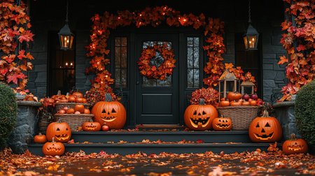 Halloween pumpkin decorations. Pumpkin for decorated house. Halloween Decorated at front yard of an American home. Halloween decorated front door with pumpkins. Autumn holiday of Halloween.の素材