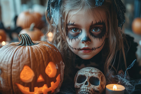 Kids trick or treat in Halloween costume. Happy Halloween. three running kids with a basket for sweets.の素材