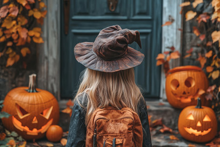 Kids trick or treat in Halloween costume. Happy Halloween. three running kids with a basket for sweets.の素材
