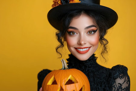 Portrait of woman at Halloween party as dead witch with funny and silly expression on her face. Young woman with bloody make-up holds glowing pumpkin covered with spider webs on orange background.の素材
