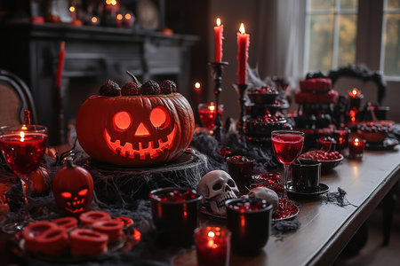 Festive home buffet table with sweet snacks and themed decorations for Halloween. Halloween themed food and decor. Various desserts and decor on table. Halloween party food corner table scene.の素材