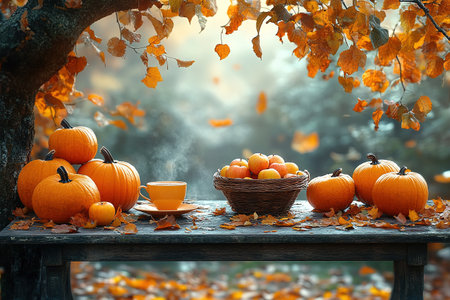Autumn nature concept. Fall pumpkins and apples on wooden rustic table. Thanksgiving dinner.の素材