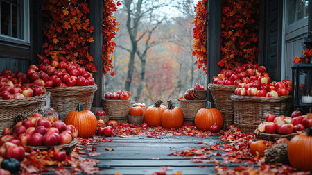 Halloween pumpkin decorations. Pumpkin for decorated house. Halloween Decorated at front yard of an American home. Halloween decorated front door with pumpkins. Autumn holiday of Halloween.の素材
