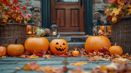 Halloween pumpkin decorations. Pumpkin for decorated house. Halloween Decorated at front yard of an American home. Halloween decorated front door with pumpkins. Autumn holiday of Halloween.の素材