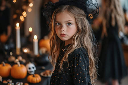 Kids trick or treat in Halloween costume. Happy Halloween. three running kids with a basket for sweets.の素材