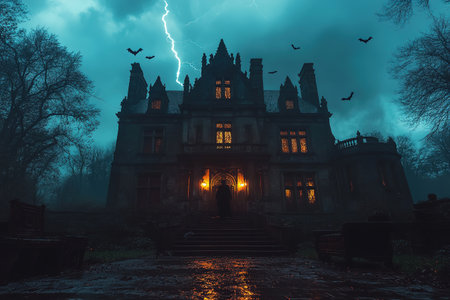 Scary Gothic castle on Halloween night, haunted palace or mansion for dark blue background. Spooky view of old mystery castle and bats in full moon. Horror scene with big glowy house, fantasy place.の素材