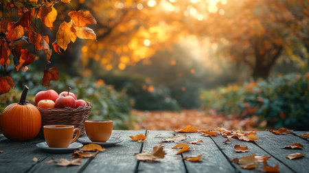 Autumn nature concept. Fall pumpkins and apples on wooden rustic table. Thanksgiving dinner.の素材