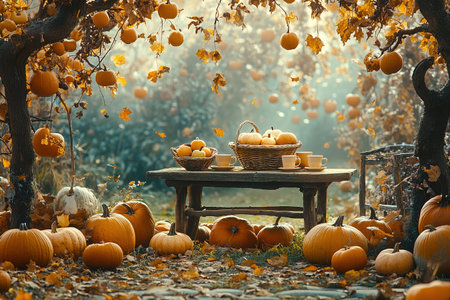 Autumn nature concept. Fall pumpkins and apples on wooden rustic table. Thanksgiving dinner.の素材
