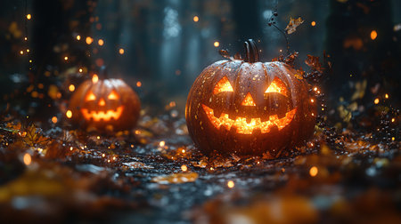 Halloween theme with pumpkins and dark forest. Scary Halloween design on table. Jack-o-lantern on the dark forest.の素材