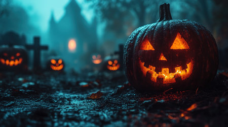 Abandoned scary house near the cemetery in the forest with pumpkins, a full moon, bats and fog. Pumpkins In Graveyard In The Spooky Night, Halloween Backdrop.の素材