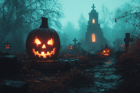 Abandoned scary house near the cemetery in the forest with pumpkins, a full moon, bats and fog. Pumpkins In Graveyard In The Spooky Night, Halloween Backdrop.の素材