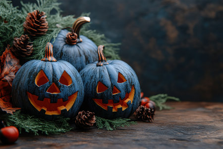 Spooky Halloween pumpkins in the forest. Scary halloween background with free space for text. Jack-o-lantern on a wooden table.の素材