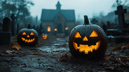 Abandoned scary house near the cemetery in the forest with pumpkins, a full moon, bats and fog. Pumpkins In Graveyard In The Spooky Night, Halloween Backdrop.の素材