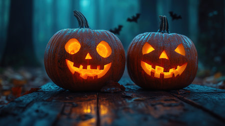 Spooky Halloween pumpkins in the forest. Scary halloween background with free space for text. Jack-o-lantern on a wooden table.の素材