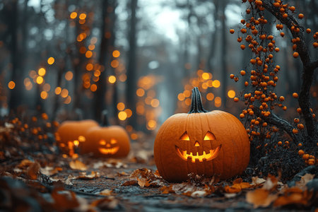 Halloween theme with pumpkins and dark forest. Scary Halloween design on table. Jack-o-lantern on the dark forest.の素材