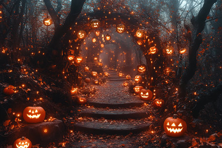Halloween theme with pumpkins and dark forest. Scary Halloween design on table. Jack-o-lantern on the dark forest.の素材