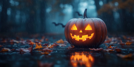 Spooky Halloween pumpkins in the forest. Scary halloween background with free space for text. Jack-o-lantern on a wooden table.の素材