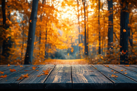 Autumn maple leaves on wooden table.Falling leaves natural background.Sunny autumn day with beautiful orange fall foliage in the park.の素材