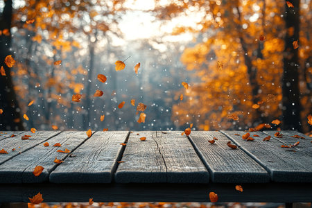 Autumn maple leaves on wooden table.Falling leaves natural background.Sunny autumn day with beautiful orange fall foliage in the park.の素材