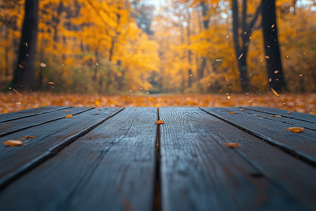 Autumn maple leaves on wooden table.Falling leaves natural background.Sunny autumn day with beautiful orange fall foliage in the park.の素材