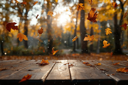 Autumn maple leaves on wooden table.Falling leaves natural background.Sunny autumn day with beautiful orange fall foliage in the park.の素材