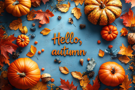 Hello Autumn white chalk lettering on blackboard. Autumn seasonal flat lay photo on wooden background. Hello Autumn inscription with orange leaf frame. Fall season banner template. Yellow leaf texture.の素材