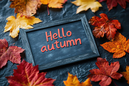 Hello Autumn white chalk lettering on blackboard. Autumn seasonal flat lay photo on wooden background. Hello Autumn inscription with orange leaf frame. Fall season banner template. Yellow leaf texture.の素材