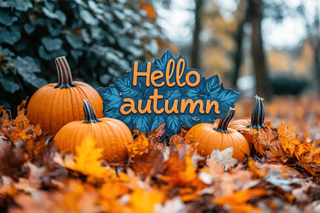Hello Autumn white chalk lettering on blackboard. Autumn seasonal flat lay photo on wooden background. Hello Autumn inscription with orange leaf frame. Fall season banner template. Yellow leaf texture.の素材