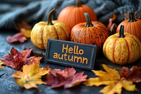 Hello Autumn white chalk lettering on blackboard. Autumn seasonal flat lay photo on wooden background. Hello Autumn inscription with orange leaf frame. Fall season banner template. Yellow leaf texture.の素材