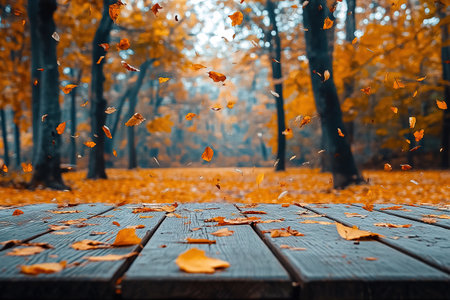 Autumn maple leaves on wooden table.Falling leaves natural background.Sunny autumn day with beautiful orange fall foliage in the park.の素材