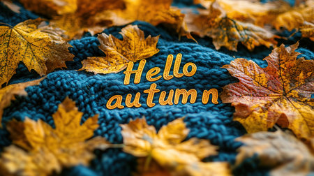 Hello Autumn white chalk lettering on blackboard. Autumn seasonal flat lay photo on wooden background. Hello Autumn inscription with orange leaf frame. Fall season banner template. Yellow leaf texture.の素材