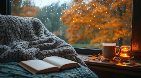 A cozy living room with a warm, crackling fireplace, bookshelves filled with books and decorative items, a comfortable armchair, and a cat sleeping peacefully on a plush rug.の素材