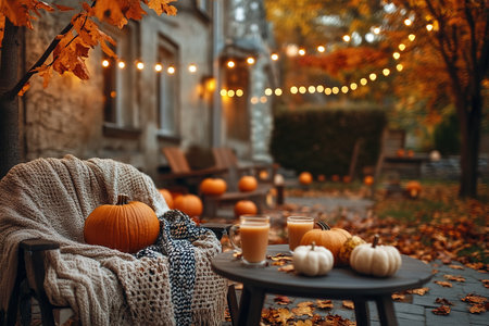 Autumn bedroom, living room interior. Red and yellow leaves and flowers in the vase and pumpkin on light background.の素材