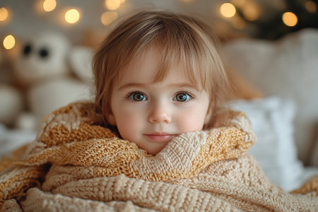 kid with flu or covid illness sleep in bed under blanket with concerned mother on bedside. Child cure at home and parent health care concept.の素材