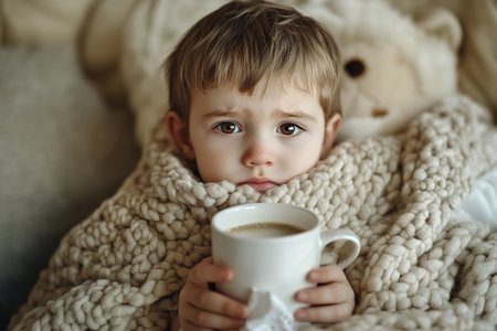 kid with flu or covid illness sleep in bed under blanket with concerned mother on bedside. Child cure at home and parent health care concept.の素材