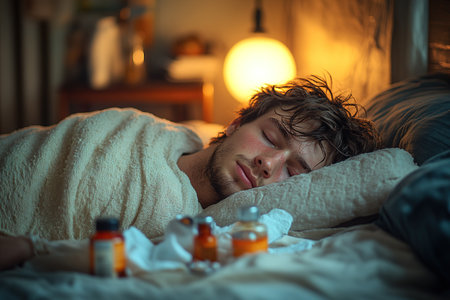 young man take medicine. self-medication. guy is being treated at home with pills. Headache. insomnia, sleep problems.の素材