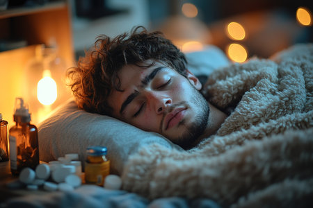 young man take medicine. self-medication. guy is being treated at home with pills. Headache. insomnia, sleep problems.の素材