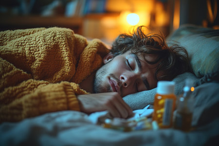 young man take medicine. self-medication. guy is being treated at home with pills. Headache. insomnia, sleep problems.の素材