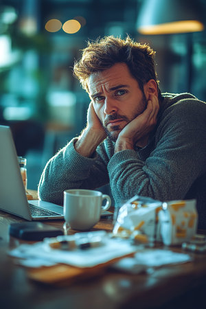 Unhealthy male employee sit at desk working on laptop blow nose suffering from rhinitis. Unwell sick young Caucasian man sneeze snuffle struggle with seasonal flu or cold. Health problems concept.の素材