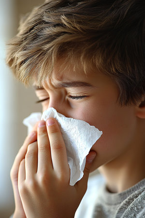 Toddler boy with sick look blowing her nose in the napkin, health and care concept, indoor portrait.の素材