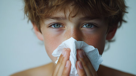 Toddler boy with sick look blowing her nose in the napkin, health and care concept, indoor portrait.の素材