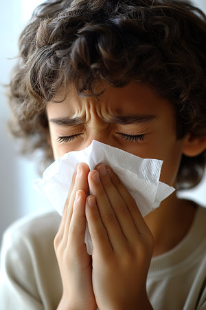 Toddler boy with sick look blowing her nose in the napkin, health and care concept, indoor portrait.の素材