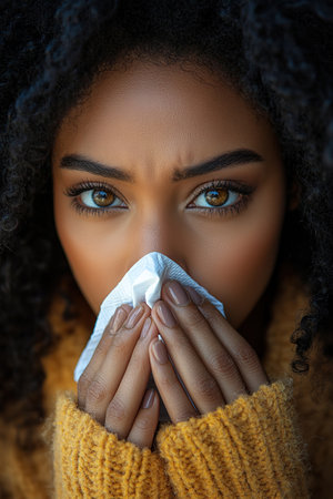 Young sad displeased upset woman wear hold napkin blowing nose isolated on plain background studio portrait Healthy lifestyle ill sick disease treatment cold season concept. The girl sneezes into a handkerchief.の素材