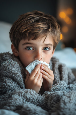 Toddler boy with sick look blowing her nose in the napkin, health and care concept, indoor portraitの素材