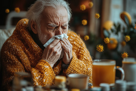 An elderly man is not feeling well, sitting at home on the sofa covered with a blanket, holding a cup with a drink in his hands and wiping his nose with a napkin from a runny noseの素材
