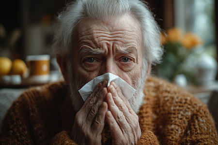 An elderly man is not feeling well, sitting at home on the sofa covered with a blanket, holding a cup with a drink in his hands and wiping his nose with a napkin from a runny nose.の素材