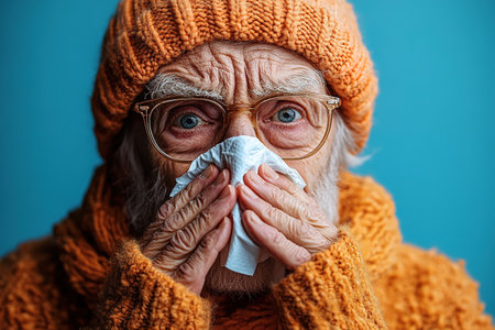 An elderly man is not feeling well, sitting at home on the sofa covered with a blanket, holding a cup with a drink in his hands and wiping his nose with a napkin from a runny noseの素材