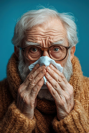 An elderly man is not feeling well, sitting at home on the sofa covered with a blanket, holding a cup with a drink in his hands and wiping his nose with a napkin from a runny noseの素材